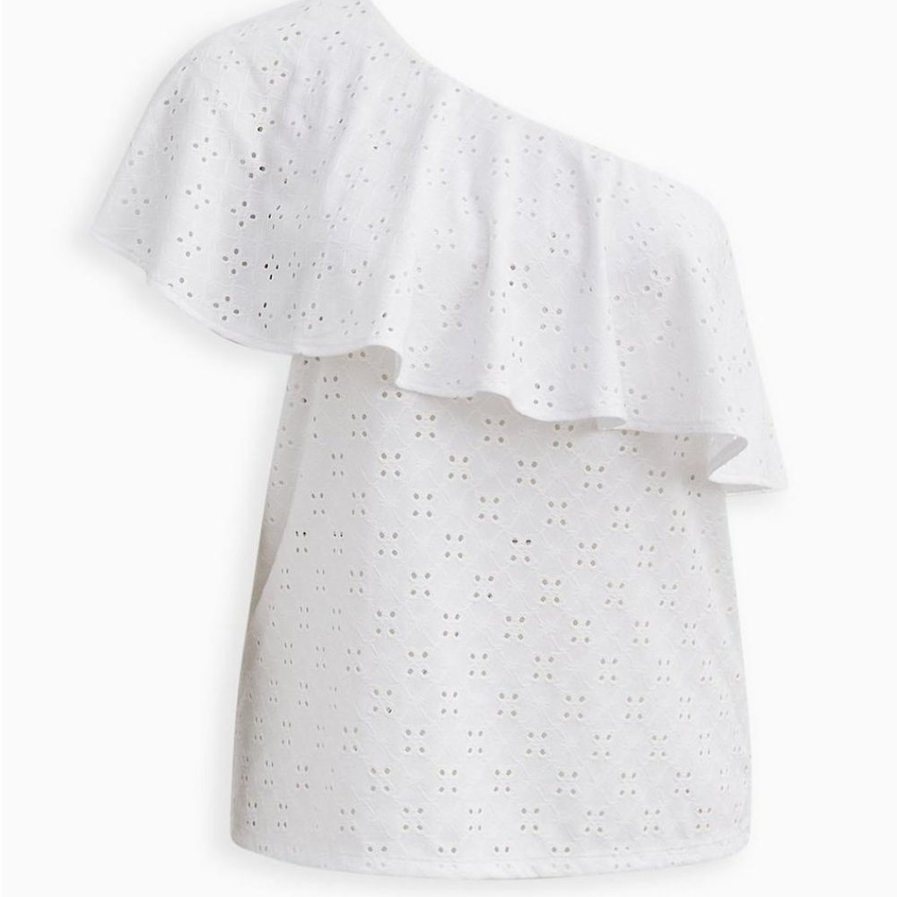 Torrid Top 5X White -Eyelet One Shoulder Shirt Jersey Ruffled Tier Plus Size NWT - Picture 2 of 4